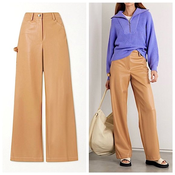 New STAUD Domino Vegan Leather Wide-Leg Pants in Camel Size 4 - Picture 1 of 11